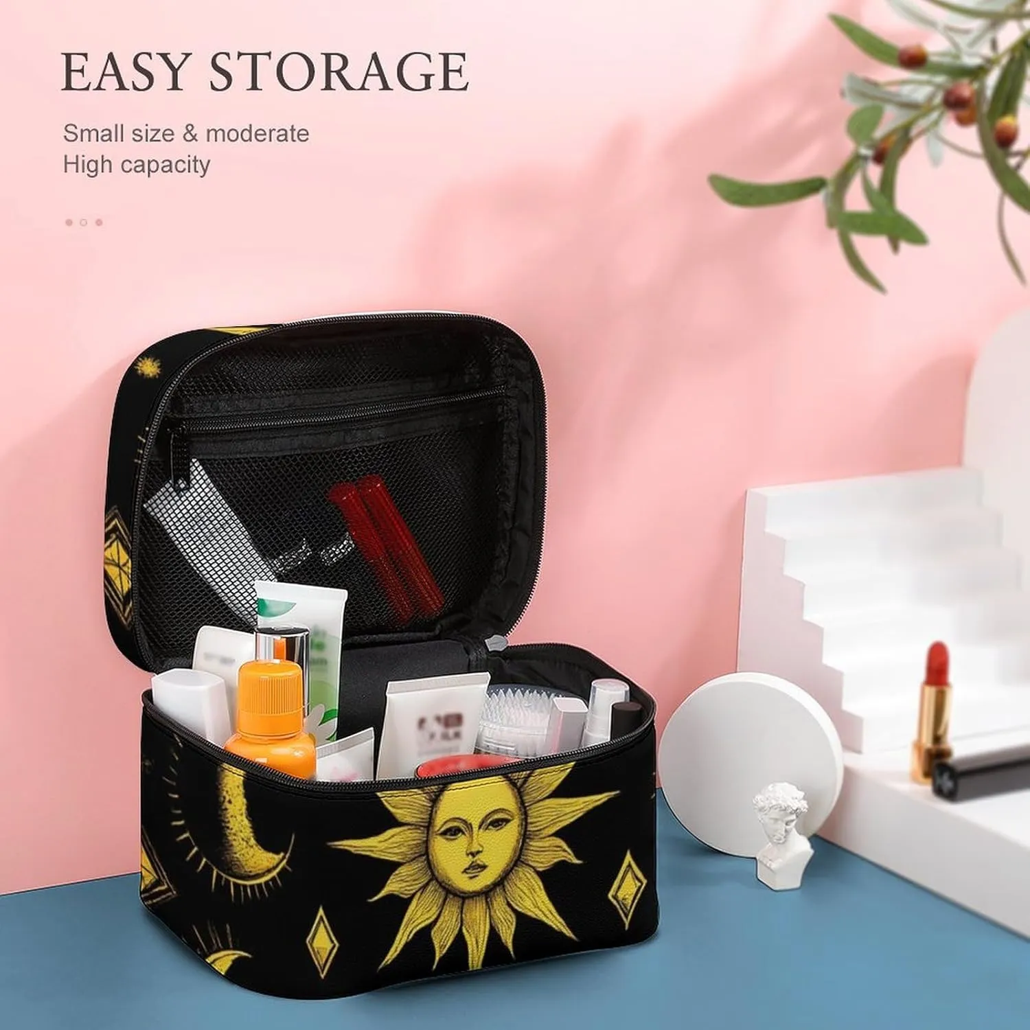 Portable Makeup Bag with Zipper Pouch, Sun Moon Star Gold Black Cosmetic Case Large Capacity Travel Makeup Case Organizer Toiletry Brushes Storage Bag