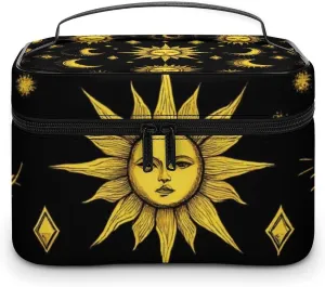 Portable Makeup Bag with Zipper Pouch, Sun Moon Star Gold Black Cosmetic Case Large Capacity Travel Makeup Case Organizer Toiletry Brushes Storage Bag