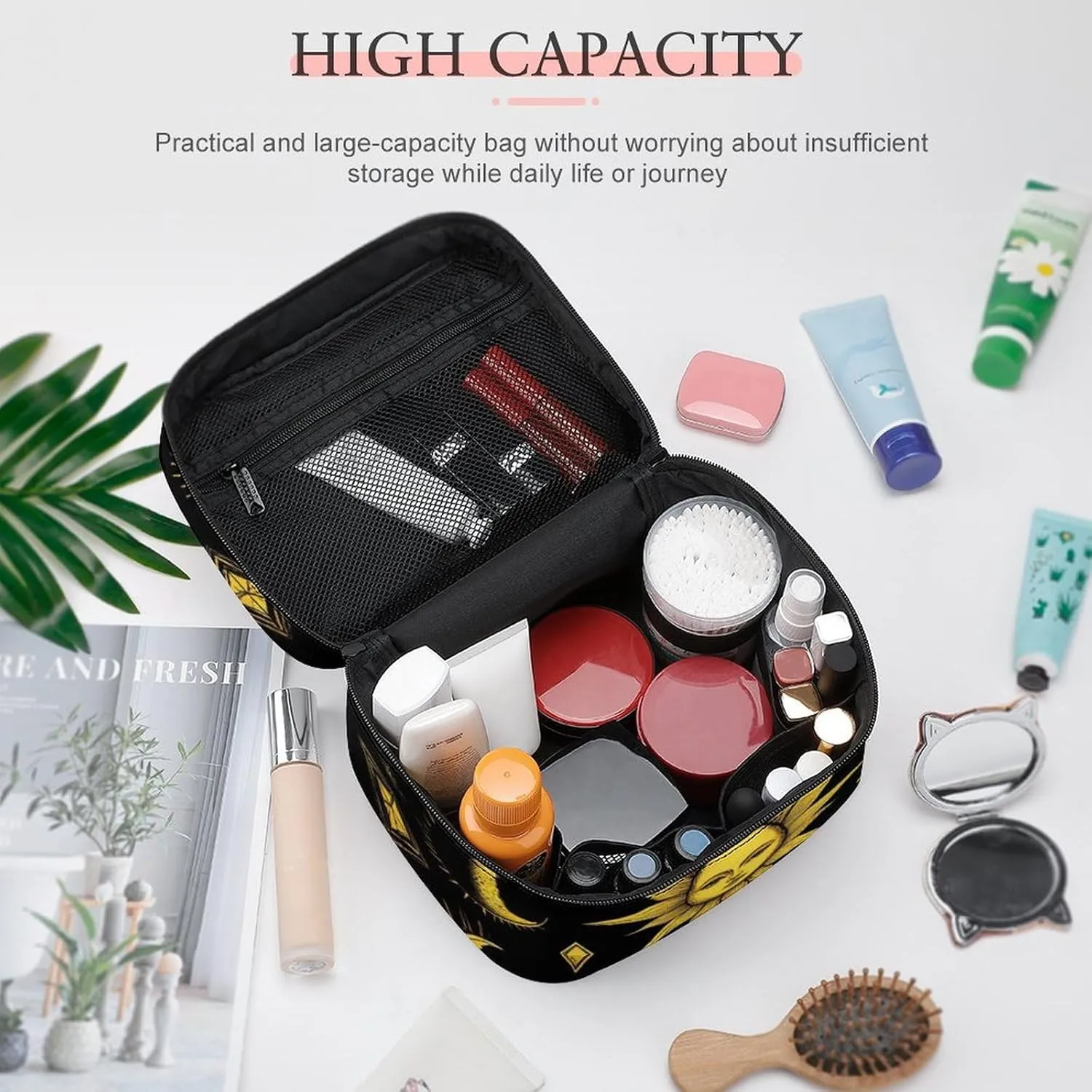 Portable Makeup Bag with Zipper Pouch, Sun Moon Star Gold Black Cosmetic Case Large Capacity Travel Makeup Case Organizer Toiletry Brushes Storage Bag