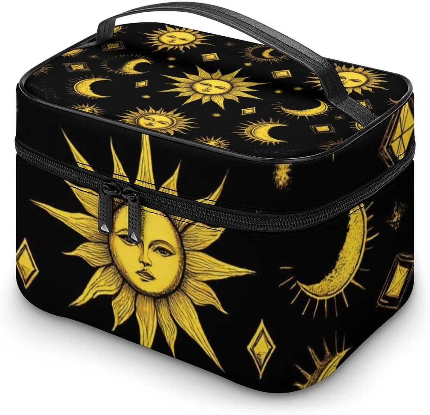 Portable Makeup Bag with Zipper Pouch, Sun Moon Star Gold Black Cosmetic Case Large Capacity Travel Makeup Case Organizer Toiletry Brushes Storage Bag