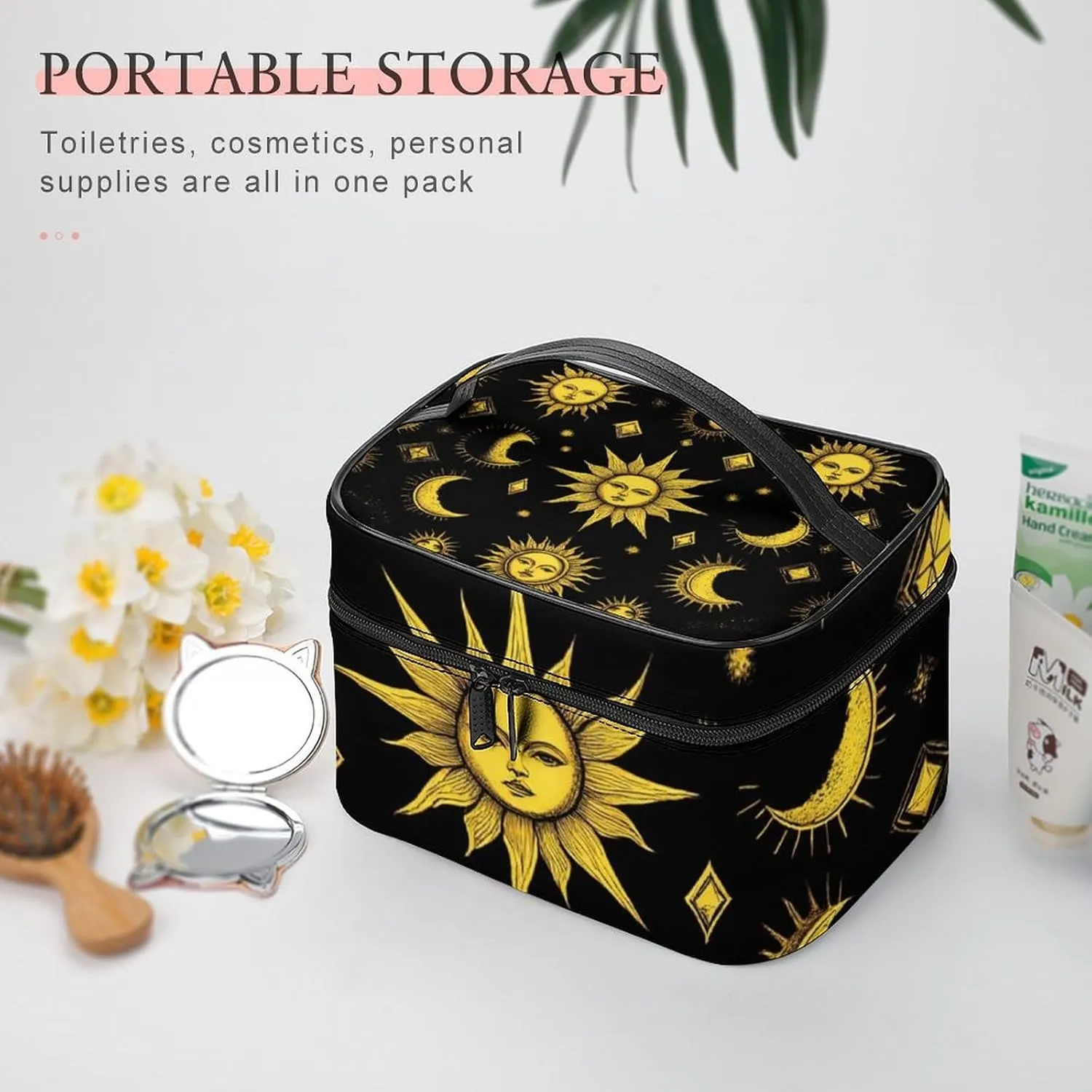 Portable Makeup Bag with Zipper Pouch, Sun Moon Star Gold Black Cosmetic Case Large Capacity Travel Makeup Case Organizer Toiletry Brushes Storage Bag