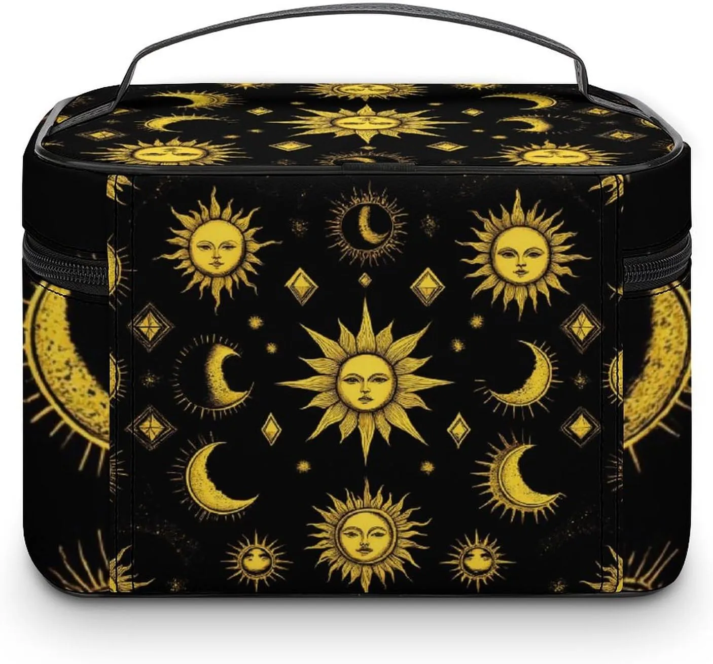 Portable Makeup Bag with Zipper Pouch, Sun Moon Star Gold Black Cosmetic Case Large Capacity Travel Makeup Case Organizer Toiletry Brushes Storage Bag