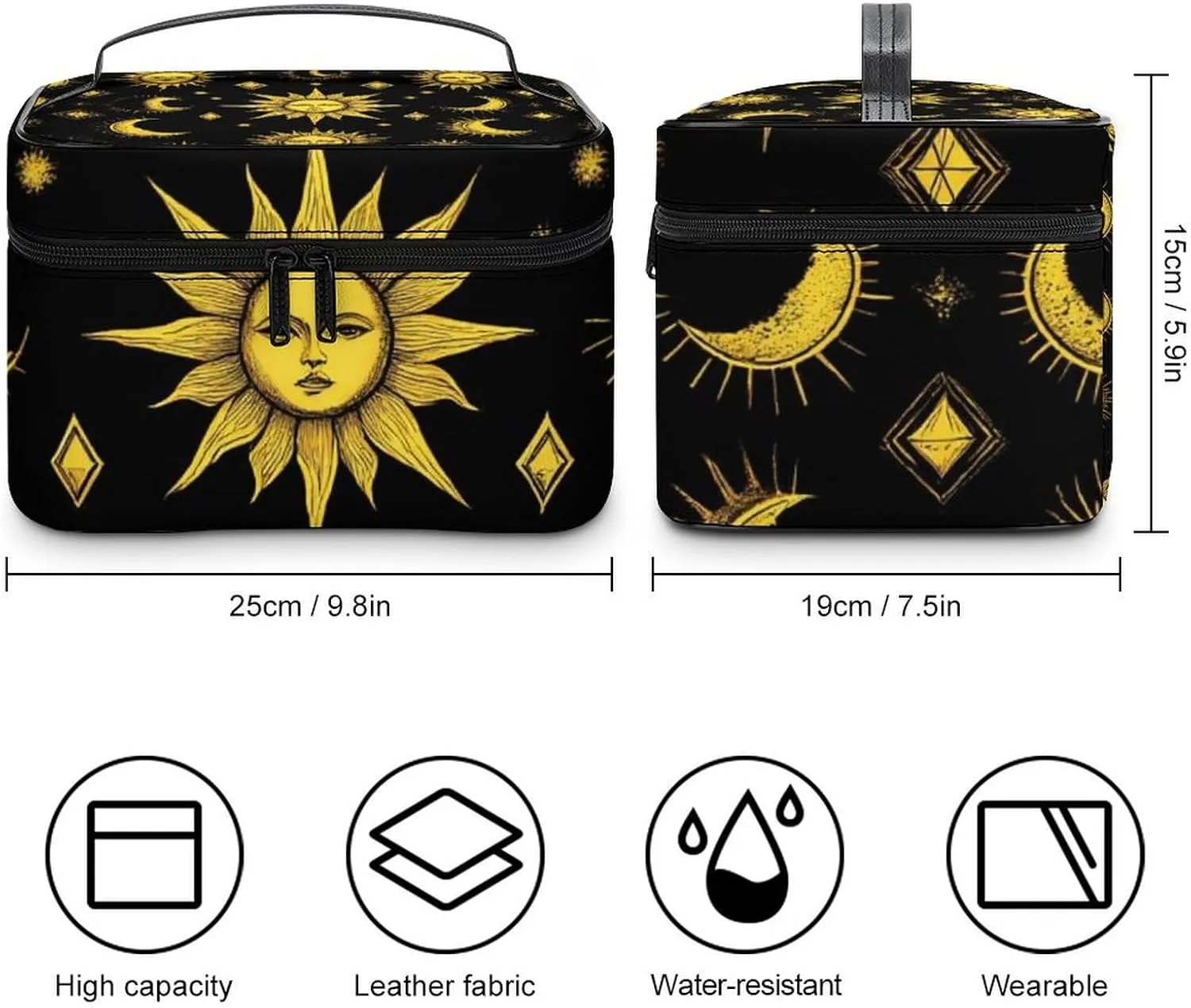 Portable Makeup Bag with Zipper Pouch, Sun Moon Star Gold Black Cosmetic Case Large Capacity Travel Makeup Case Organizer Toiletry Brushes Storage Bag