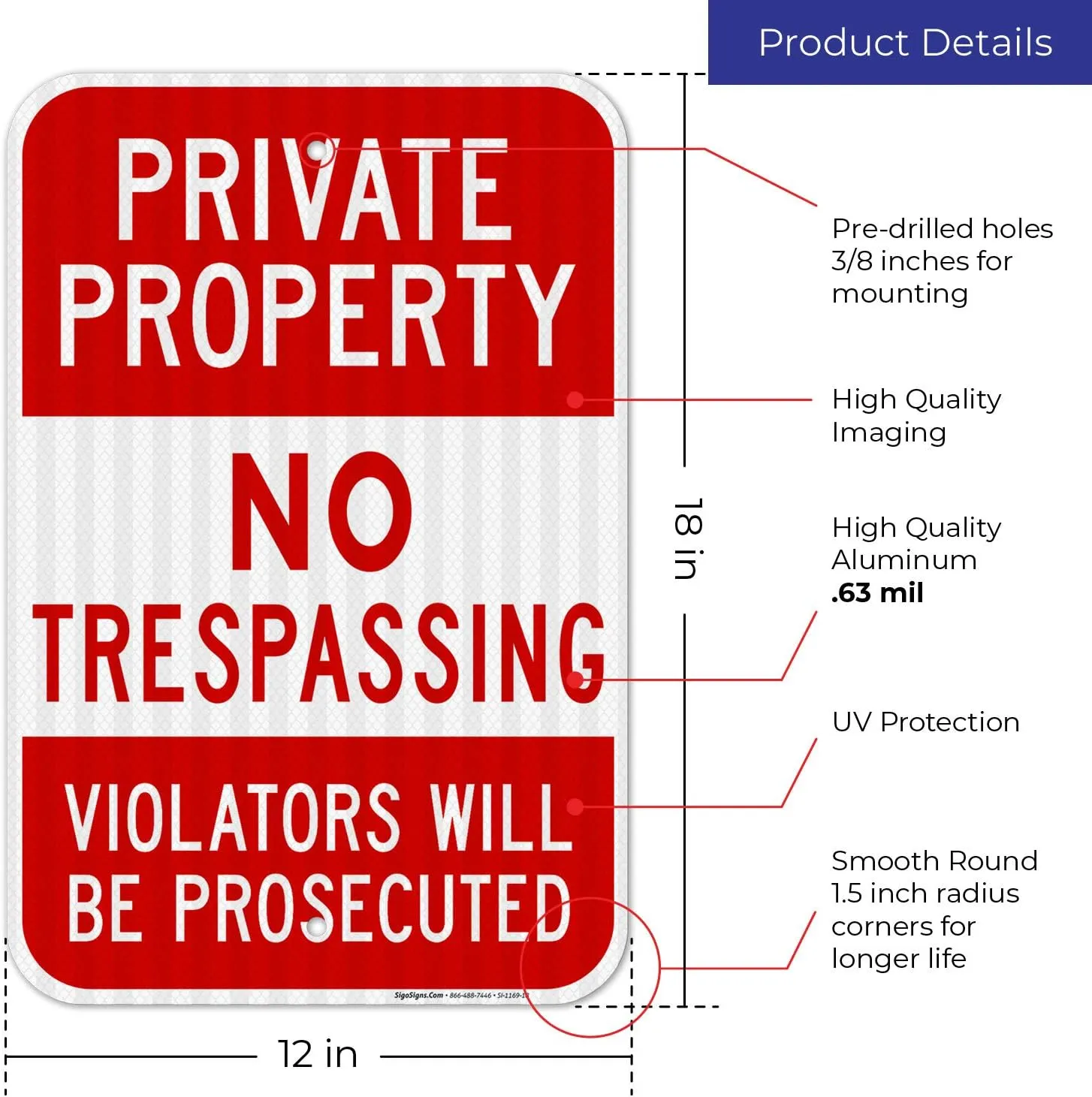Private Property No Trespassing, Violators Prosecuted Sign, (2 Pack) 12x18 Inches, 3M EGP Reflective .063 Aluminum, Indoor/Outdoor, Made in USA
