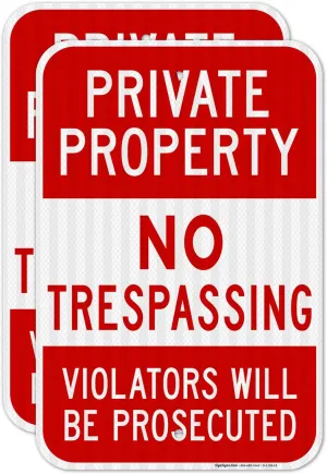 Private Property No Trespassing, Violators Prosecuted Sign, (2 Pack) 12x18 Inches, 3M EGP Reflective .063 Aluminum, Indoor/Outdoor, Made in USA