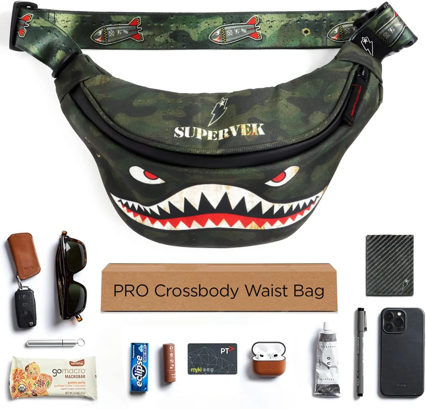 PRO Fanny Pack for Men Women - YKK Waterproof Zipper & Fabric, Crossbody Bag Waist Pack, Belt Bag for Travel Running Outdoor Hiking Cycling - Carry Any Phone, Wallet - Super Shark Hypebeast