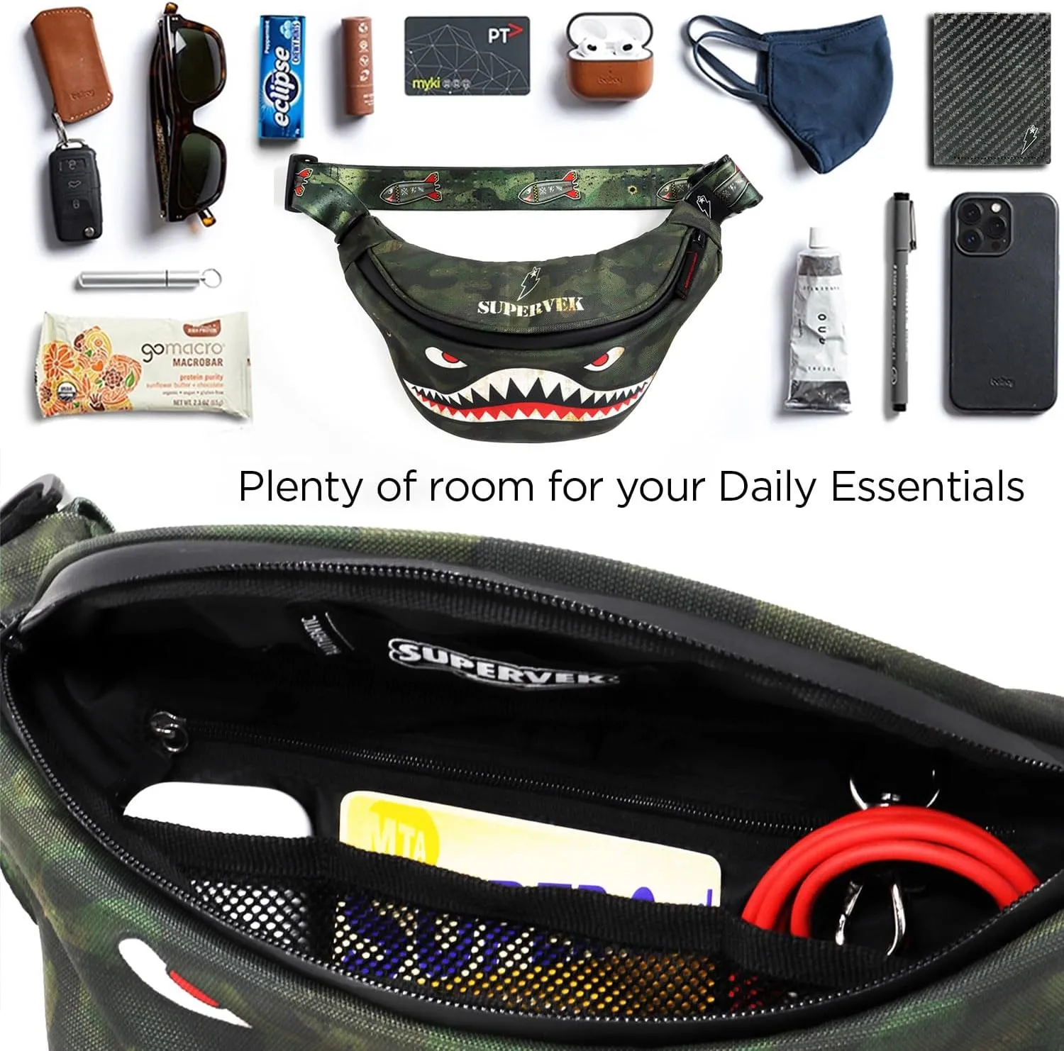 PRO Fanny Pack for Men Women - YKK Waterproof Zipper & Fabric, Crossbody Bag Waist Pack, Belt Bag for Travel Running Outdoor Hiking Cycling - Carry Any Phone, Wallet - Super Shark Hypebeast