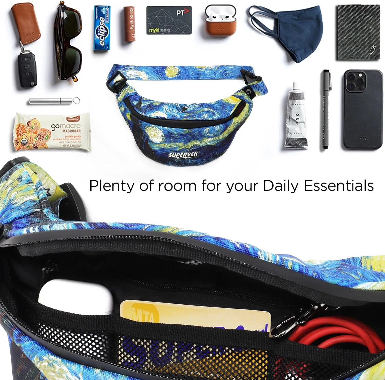 PRO Fanny Pack for Men Women - YKK Waterproof Zipper & Fabric, Crossbody Bag Waist Pack, Belt Bag for Travel Running Outdoor Hiking Cycling - Carry Any Phone, Wallet - Van Gogh Starry Night