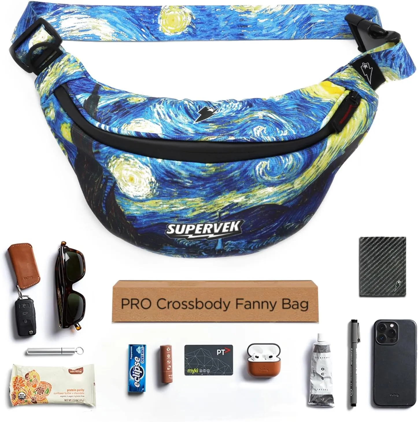 PRO Fanny Pack for Men Women - YKK Waterproof Zipper & Fabric, Crossbody Bag Waist Pack, Belt Bag for Travel Running Outdoor Hiking Cycling - Carry Any Phone, Wallet - Van Gogh Starry Night