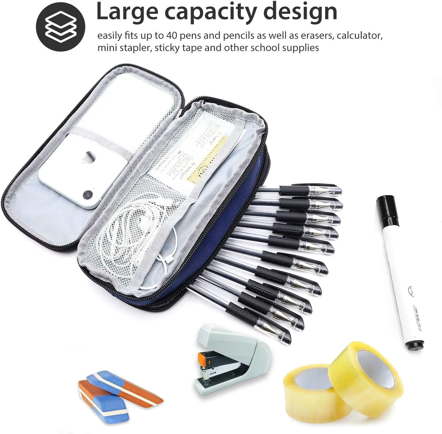 ProCase Pencil Case Pen Bag, Two Layers Big Capacity Pencil Pouch Pen Organizer Durable Stationery Holder for Marker Organization School Supplies Office Storage Desk Organizing