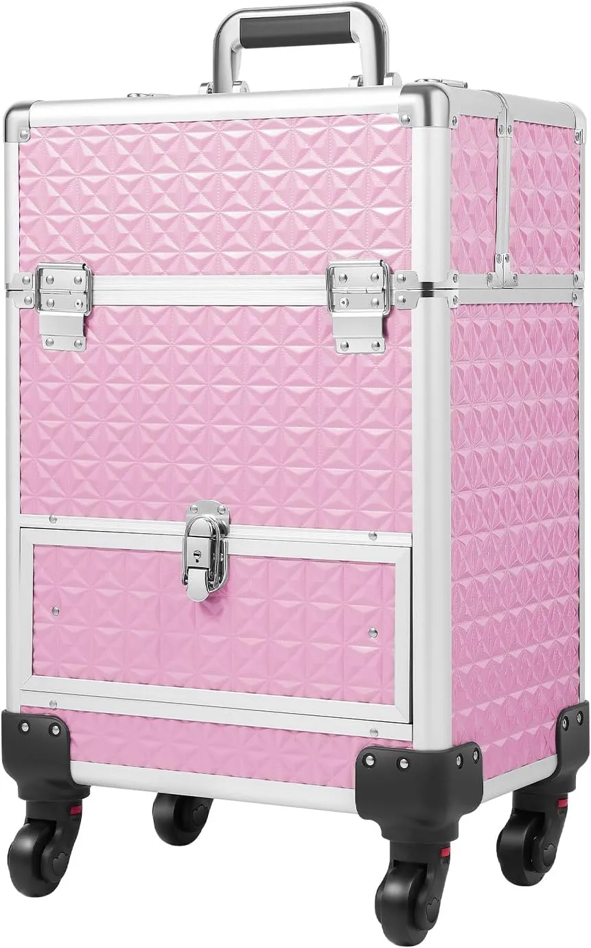 Professional Rolling Makeup Train Case Cosmetic Trolley Makeup Storage Organizer Large Capacity Trolley Case Makeup Lockable Salon Barber Travel Case with Wheels (Pink)