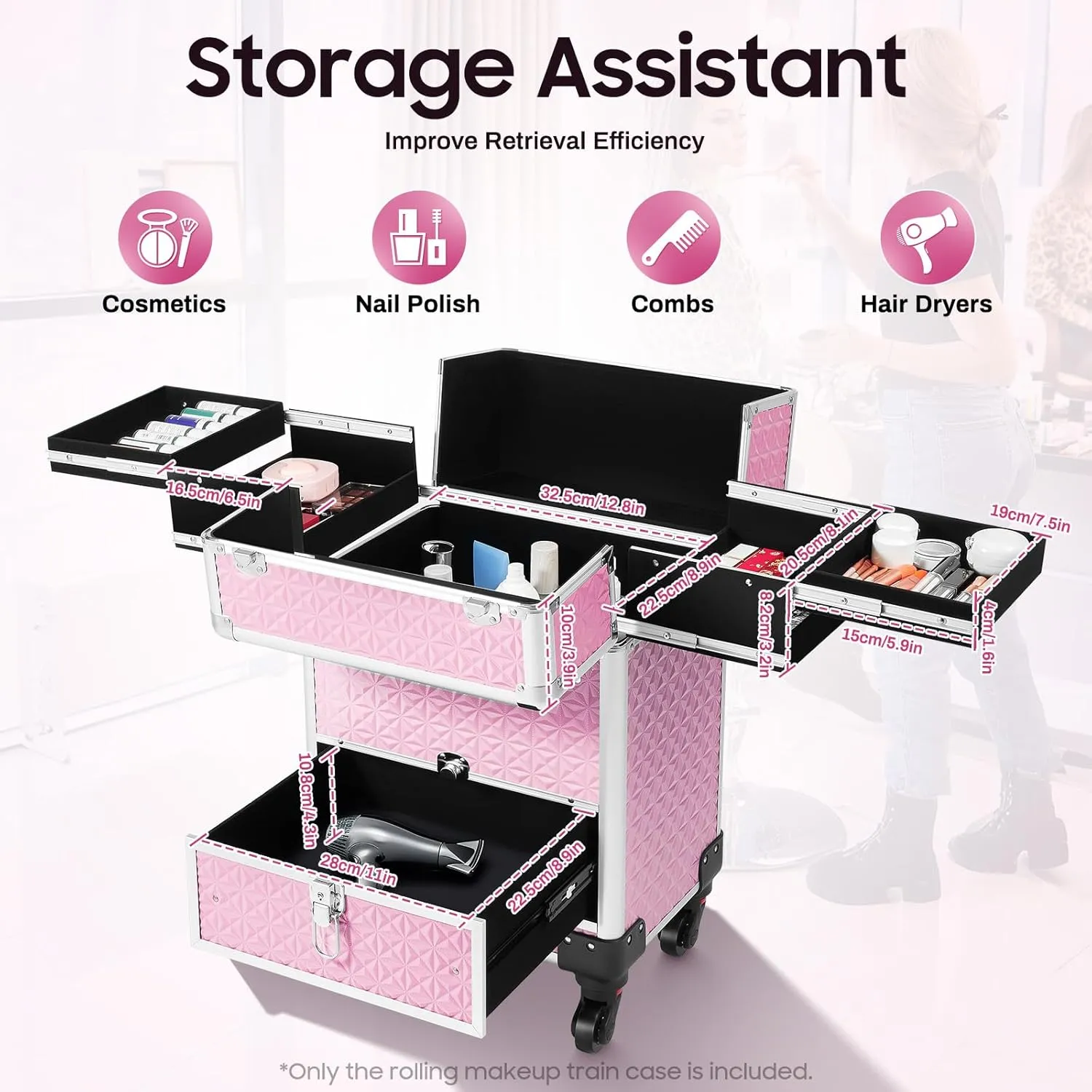 Professional Rolling Makeup Train Case Cosmetic Trolley Makeup Storage Organizer Large Capacity Trolley Case Makeup Lockable Salon Barber Travel Case with Wheels (Pink)