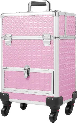 Professional Rolling Makeup Train Case Cosmetic Trolley Makeup Storage Organizer Large Capacity Trolley Case Makeup Lockable Salon Barber Travel Case with Wheels (Pink)