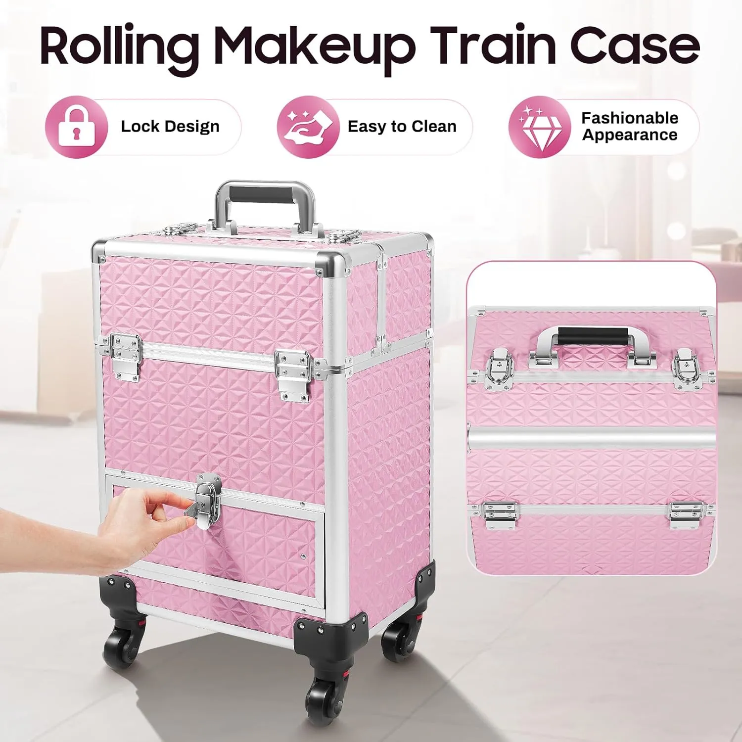 Professional Rolling Makeup Train Case Cosmetic Trolley Makeup Storage Organizer Large Capacity Trolley Case Makeup Lockable Salon Barber Travel Case with Wheels (Pink)