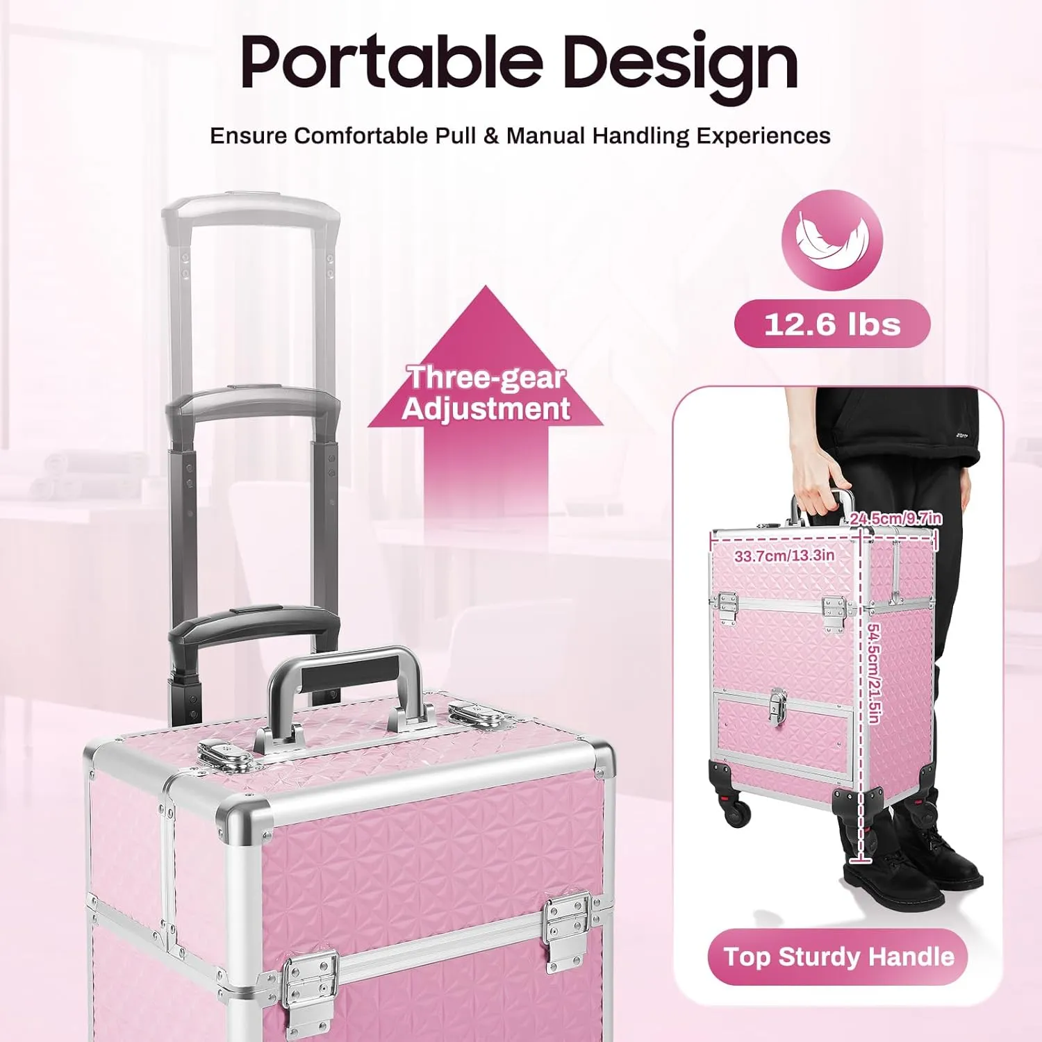 Professional Rolling Makeup Train Case Cosmetic Trolley Makeup Storage Organizer Large Capacity Trolley Case Makeup Lockable Salon Barber Travel Case with Wheels (Pink)