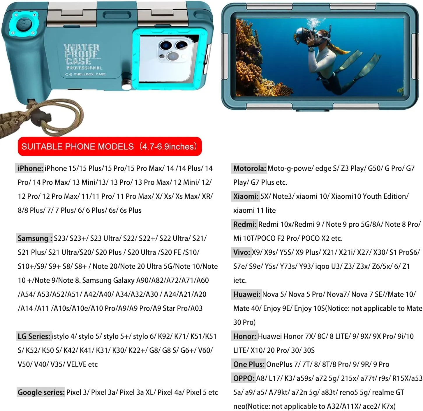 Professional Waterproof Diving Case for Snorkeling, 15M/50FT Underwater Photo & Video Protective Housing with Lanyard for iPhone 16/15/14/13/12Pro Max/Samsung S25/S24/S23/S22/S21Ultra/Plus Teal-Blue