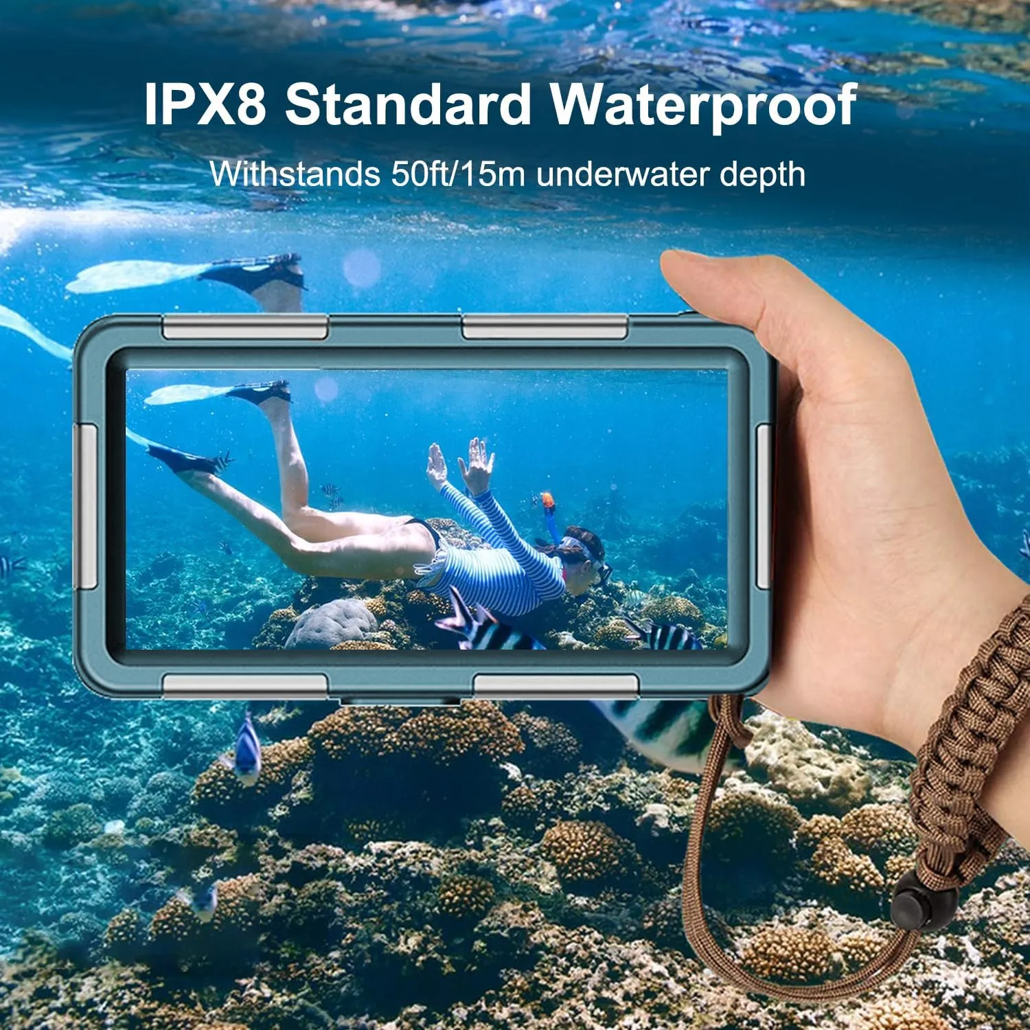 Professional Waterproof Diving Case for Snorkeling, 15M/50FT Underwater Photo & Video Protective Housing with Lanyard for iPhone 16/15/14/13/12Pro Max/Samsung S25/S24/S23/S22/S21Ultra/Plus Teal-Blue