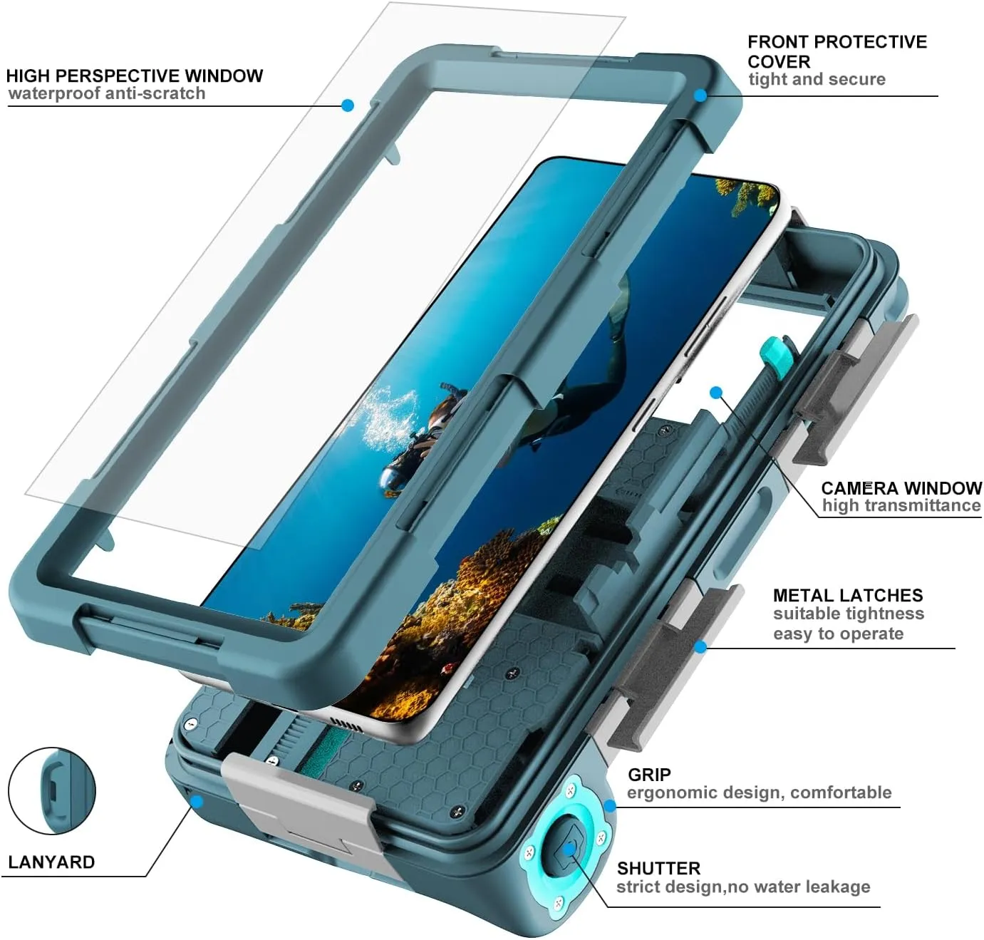 Professional Waterproof Diving Case for Snorkeling, 15M/50FT Underwater Photo & Video Protective Housing with Lanyard for iPhone 16/15/14/13/12Pro Max/Samsung S25/S24/S23/S22/S21Ultra/Plus Teal-Blue