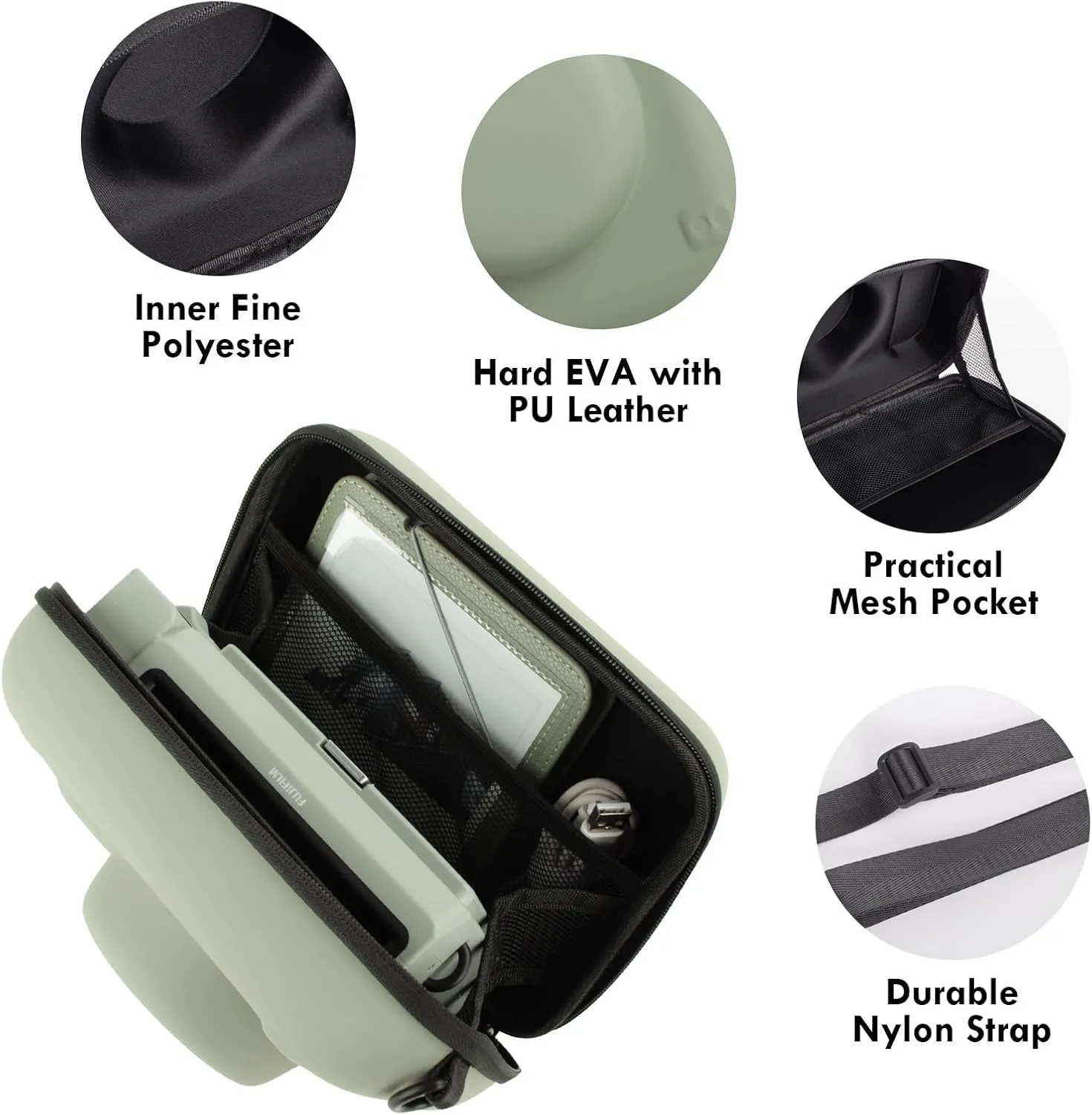 Protective Camera Case Compatible with Fujifilm Instax Wide 400, for Instax WIDE 400/210/300, LOMO Hard EVA Case Bag with Shoulder Strap, Pocket and Magnetic Frames - Green