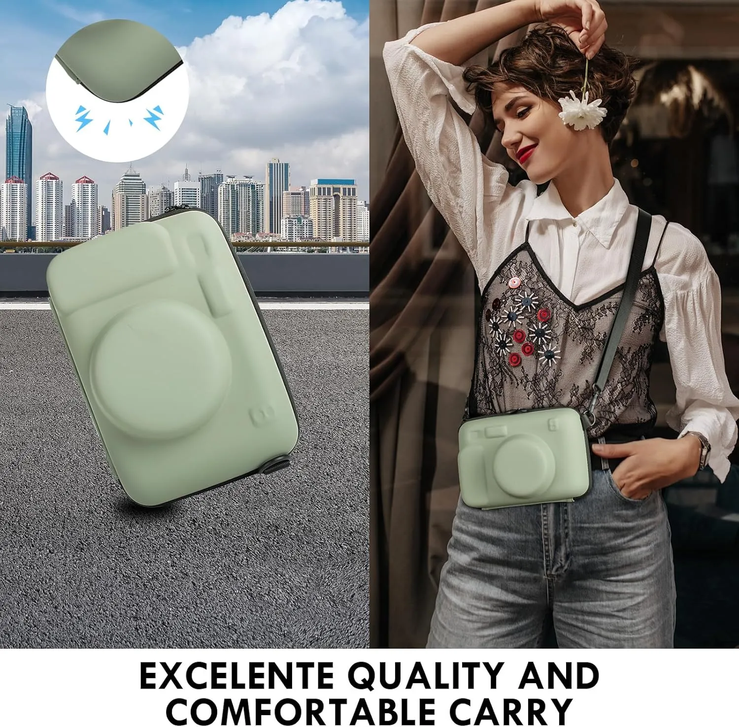 Protective Camera Case Compatible with Fujifilm Instax Wide 400, for Instax WIDE 400/210/300, LOMO Hard EVA Case Bag with Shoulder Strap, Pocket and Magnetic Frames - Green