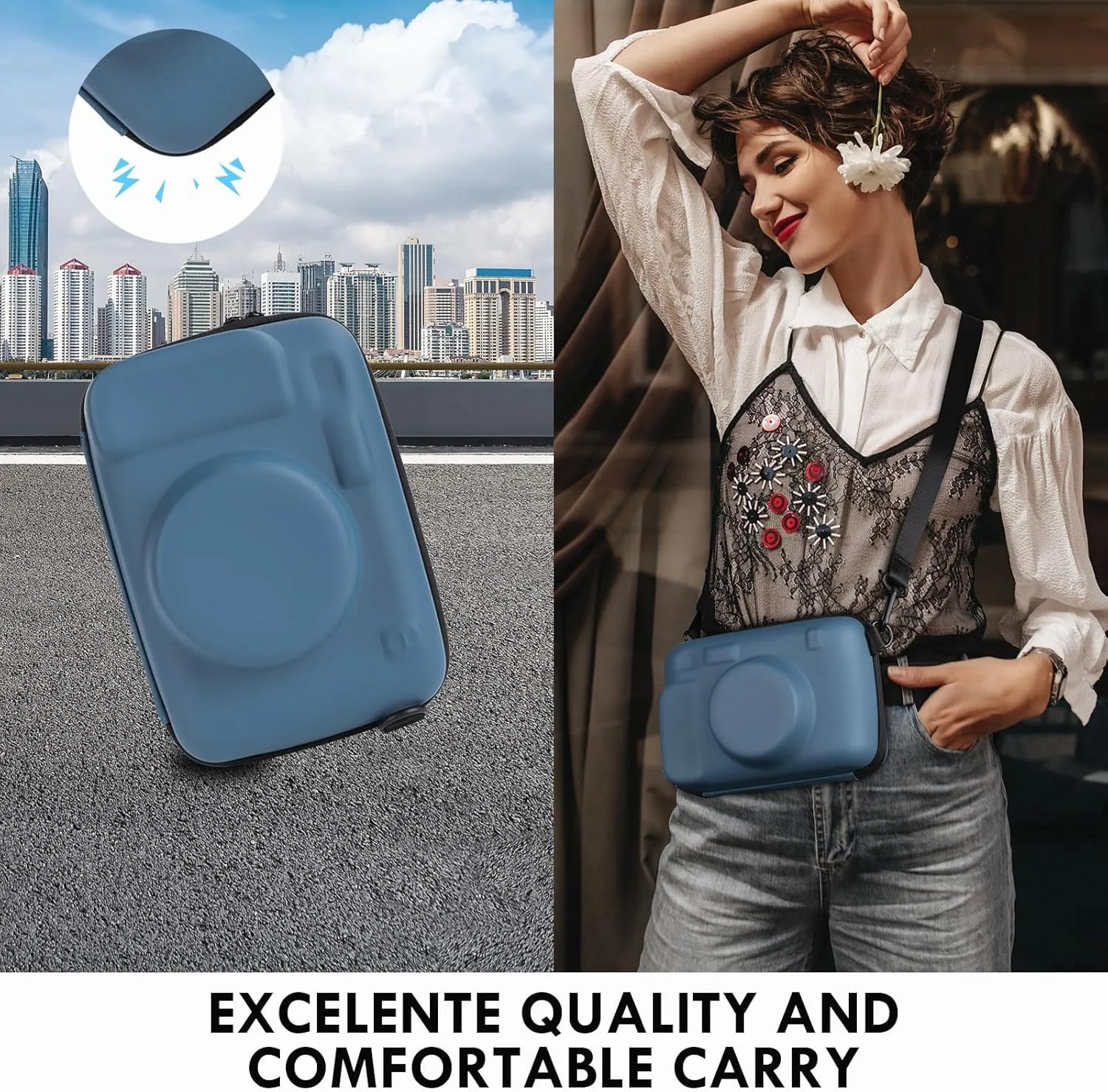 Protective Camera Case Compatible with Fujifilm Instax Wide 400, for Instax WIDE 400/210/300/LOMO Hard EVA Case Bag with Shoulder Strap, Pocket and Magnetic Frames - Blue