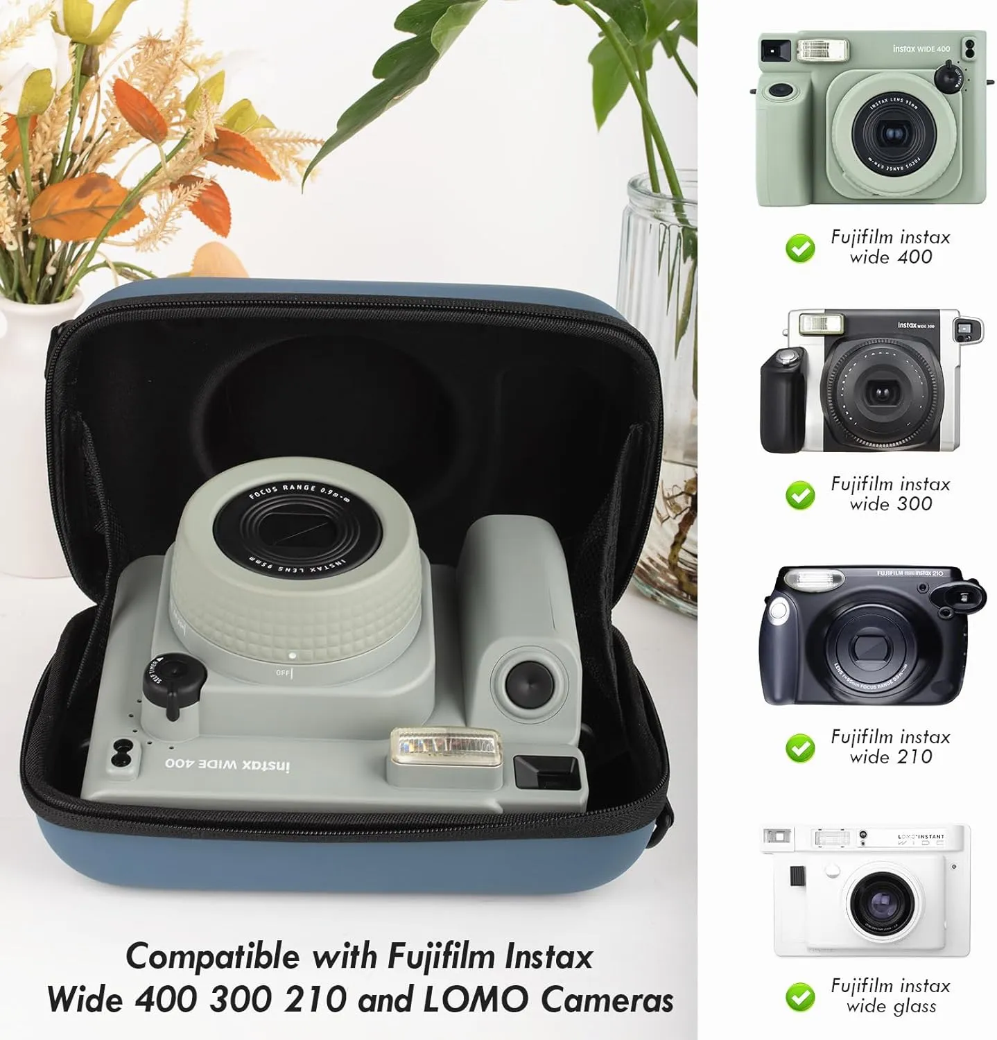 Protective Camera Case Compatible with Fujifilm Instax Wide 400, for Instax WIDE 400/210/300/LOMO Hard EVA Case Bag with Shoulder Strap, Pocket and Magnetic Frames - Blue