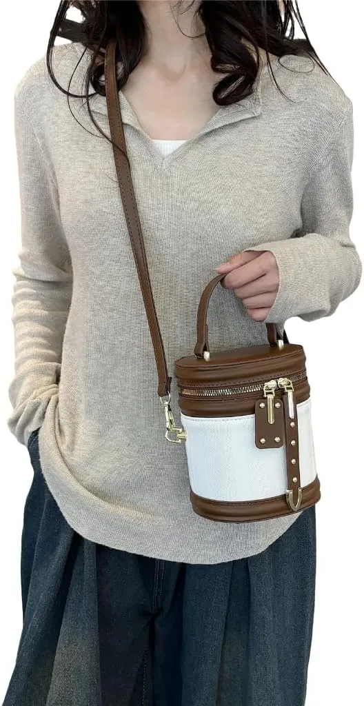 PU Leather Handbag Top Handle Cylinder Bag Crossbody Shoulder Bag for Daily Use