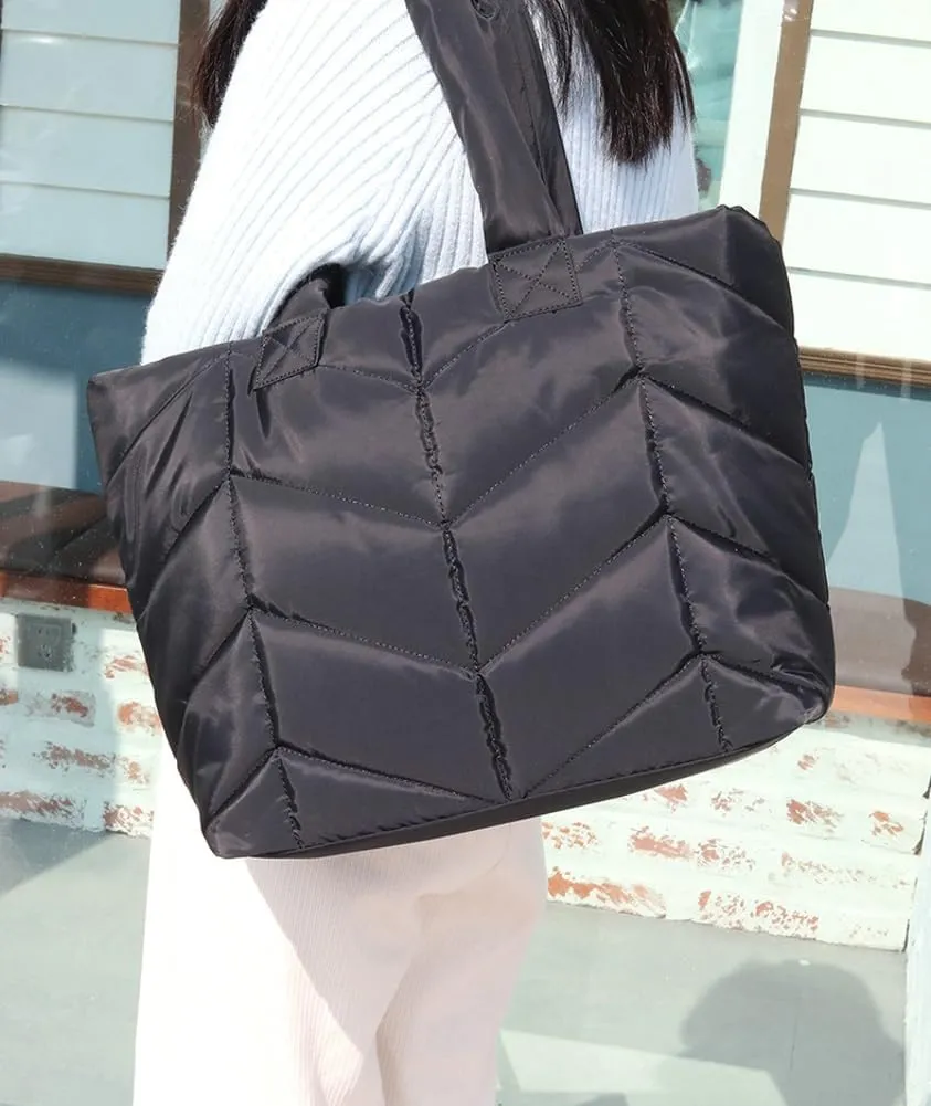 Puffer Tote Bag for Women Quilted Puffy Handbag Winter Down Cotton Padded Work Shoulder Bag Top Handle Purse