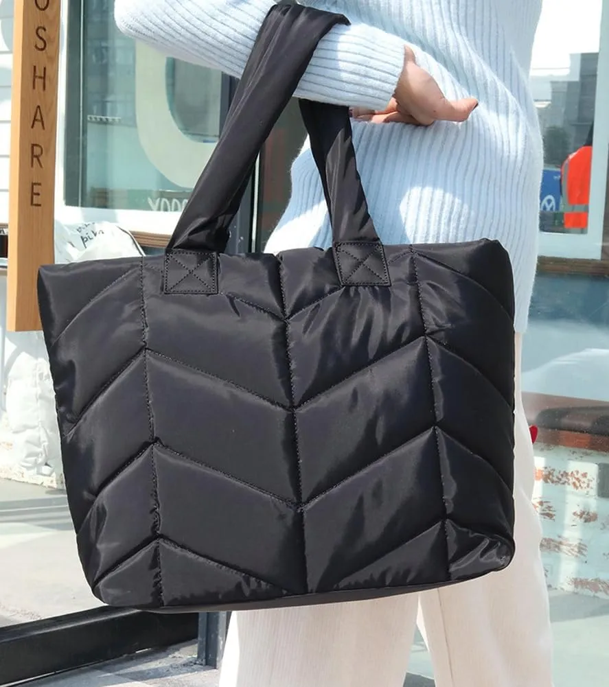 Puffer Tote Bag for Women Quilted Puffy Handbag Winter Down Cotton Padded Work Shoulder Bag Top Handle Purse
