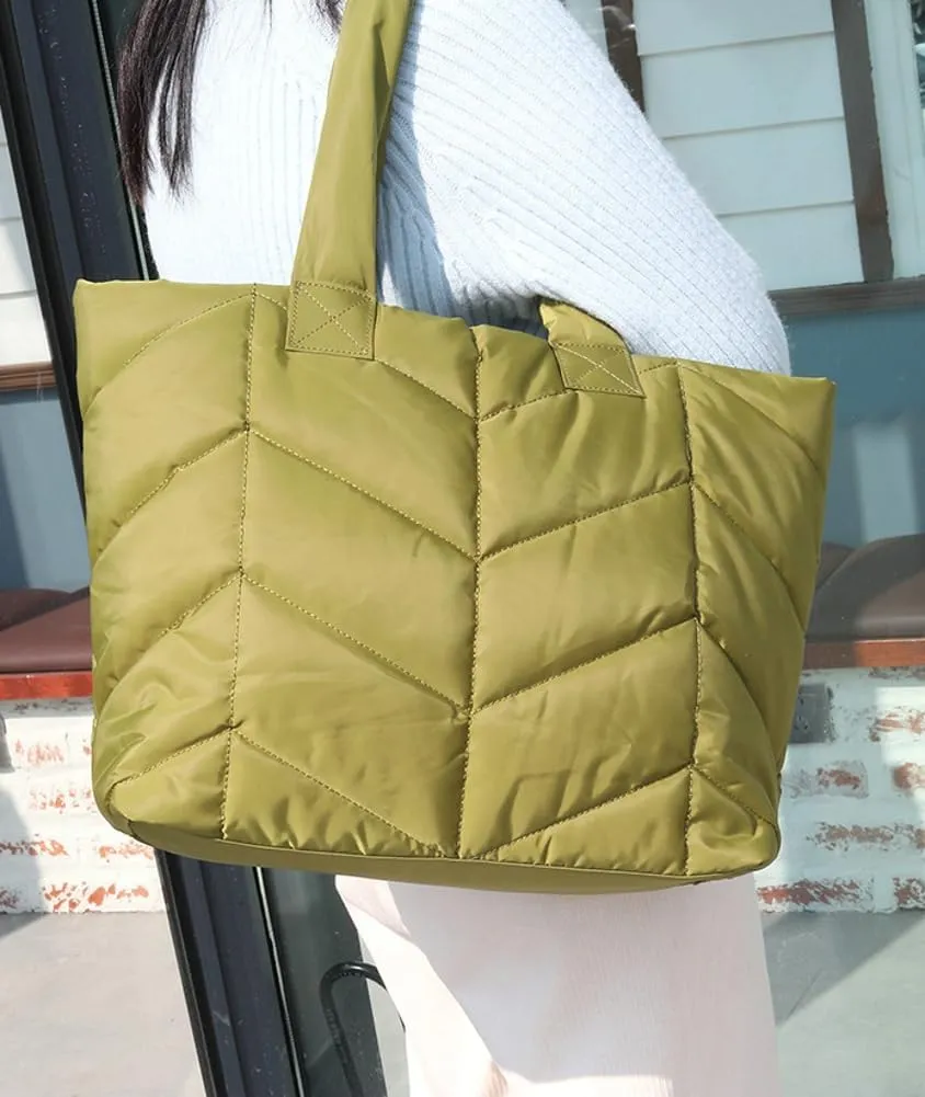 Puffer Tote Bag for Women Quilted Puffy Handbag Winter Down Cotton Padded Work Shoulder Bag Top Handle Purse