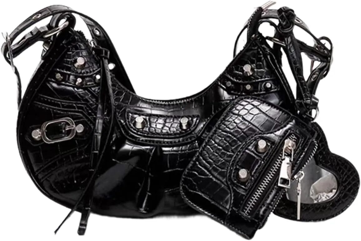 Punk Shoulder Messenger Bag, Small Cute Half-Moon Bag Y2K Purse for women Crossbody Purse with Heart Mirror