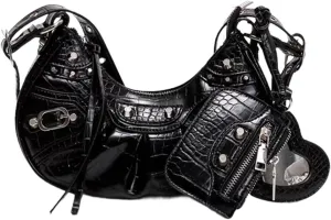 Punk Shoulder Messenger Bag, Small Cute Half-Moon Bag Y2K Purse for women Crossbody Purse with Heart Mirror
