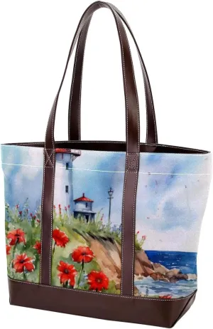Purses for Women,Tote Bag for Women,Handbags for Women,Flower Bush Summer Lighthouse