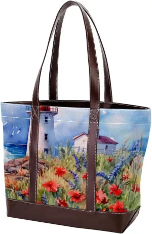 Purses for Women,Tote Bag for Women,Handbags for Women,Flower Bush Summer Lighthouse