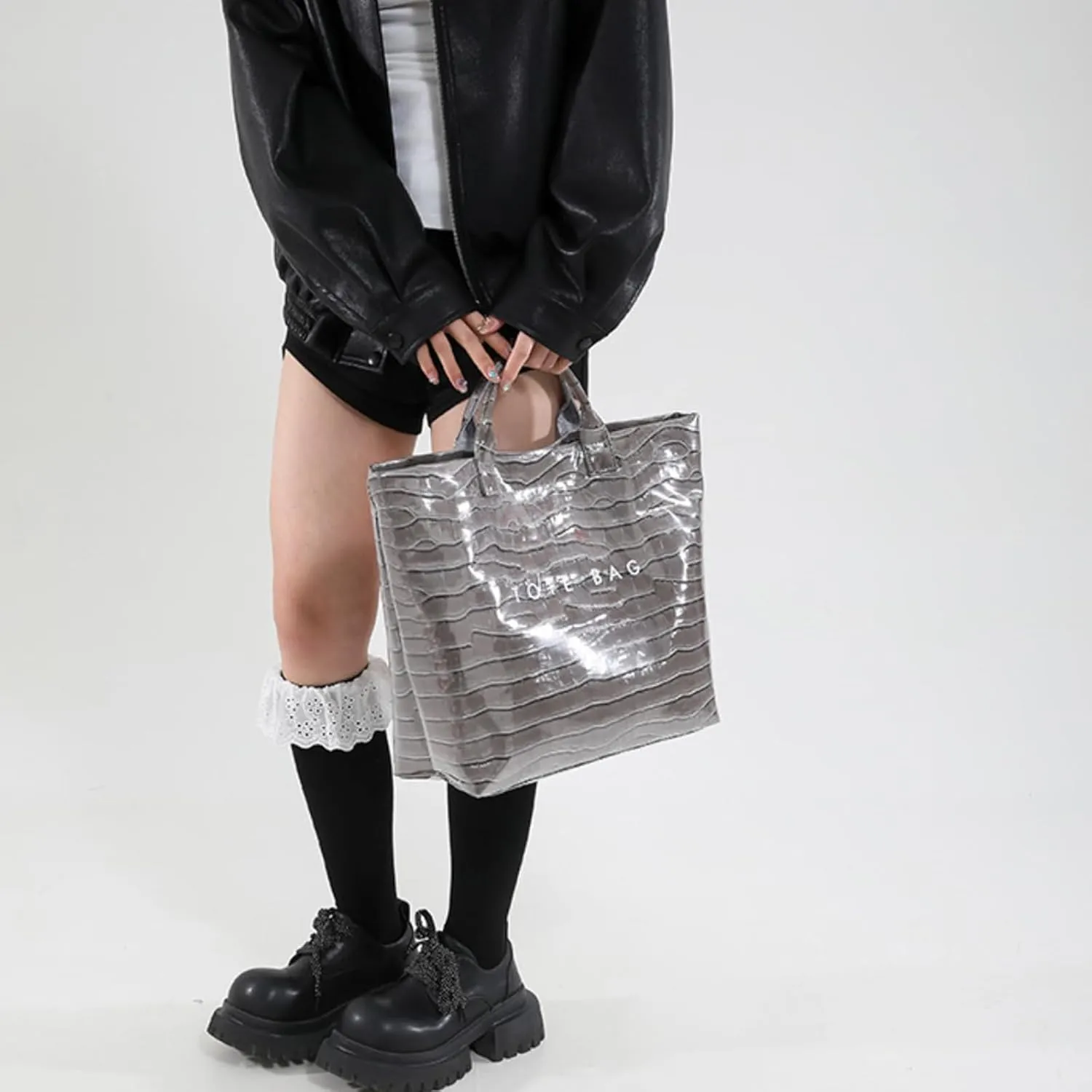 PVC Surface Women Tote Bag, PU Leather Tote Purses for Ladies, Top Handle Letter Printed Hobo Bags