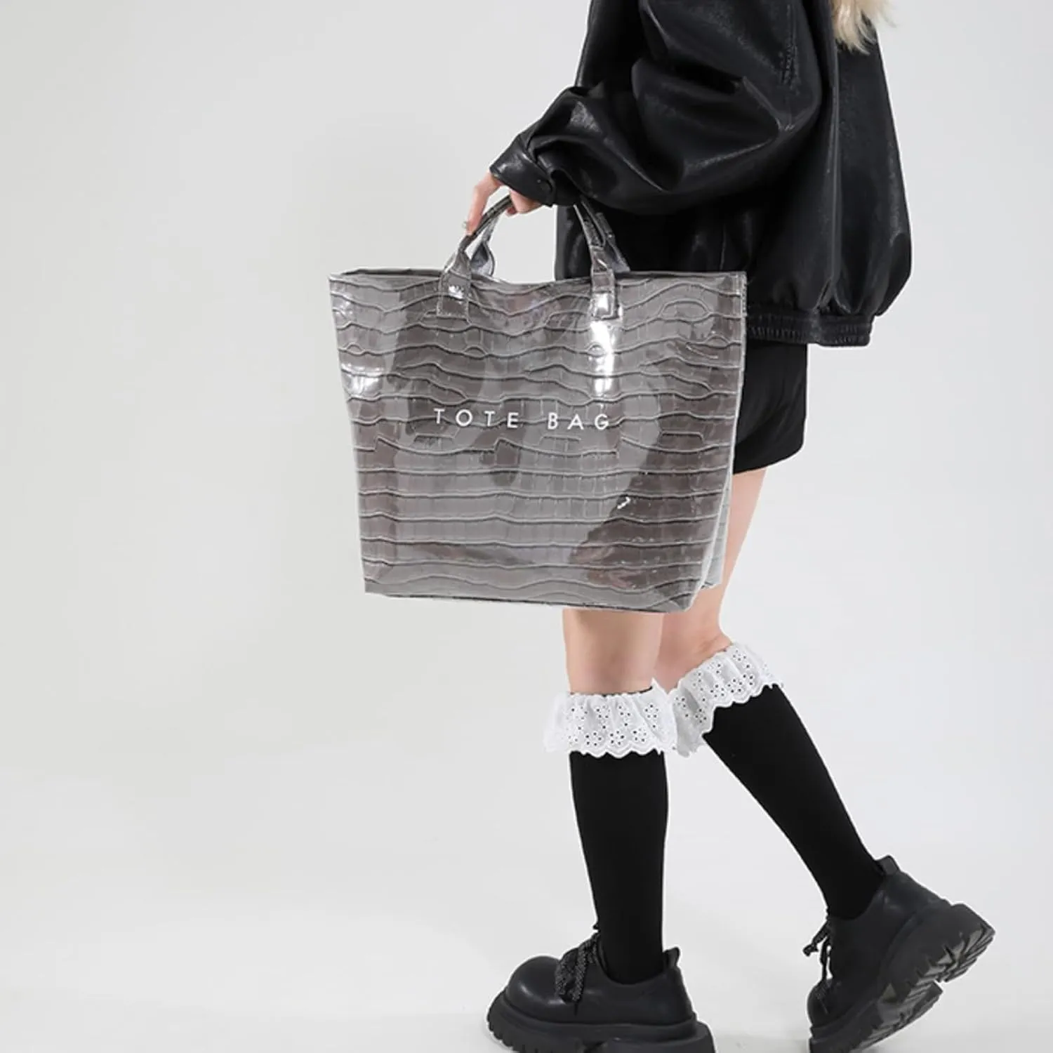 PVC Surface Women Tote Bag, PU Leather Tote Purses for Ladies, Top Handle Letter Printed Hobo Bags