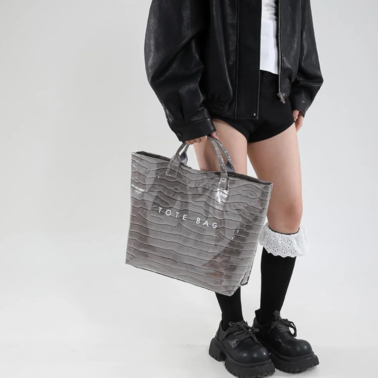 PVC Surface Women Tote Bag, PU Leather Tote Purses for Ladies, Top Handle Letter Printed Hobo Bags