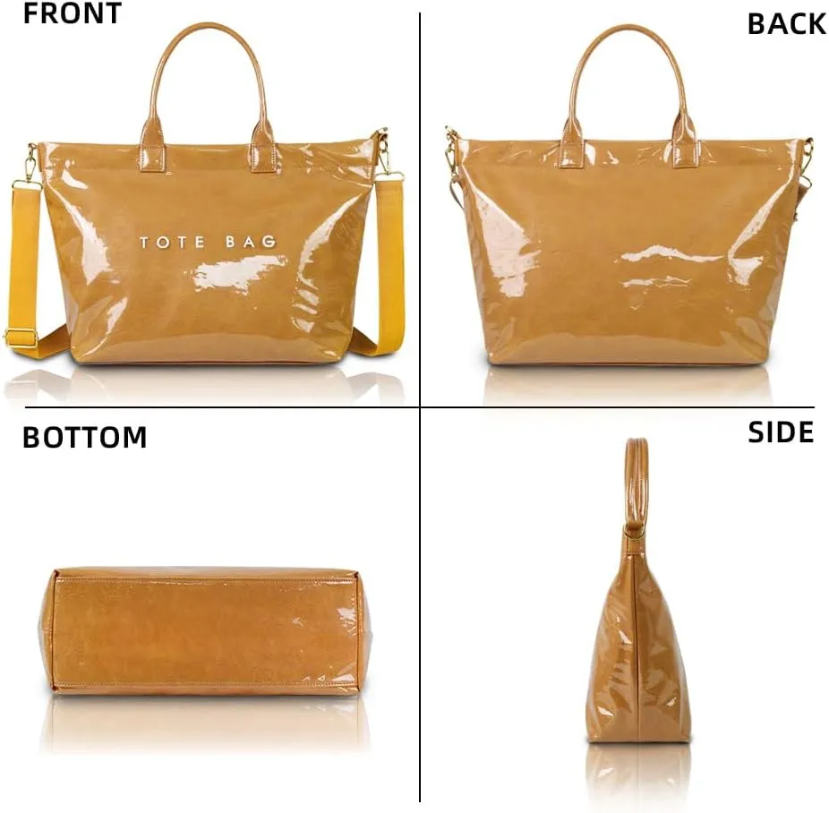 PVC Tote Bag for Women with Crossbody Strap Kraft Paper Large Fashion Paper Bag Letter Print Tote Bag Top Handle