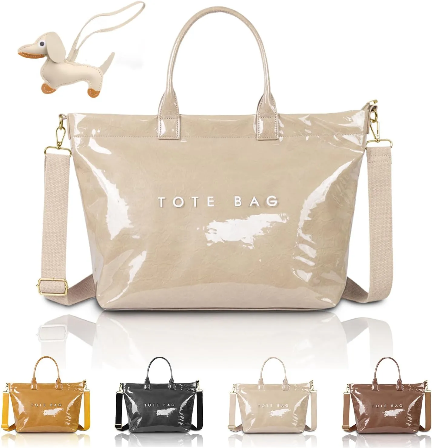 PVC Tote Bag for Women with Crossbody Strap Kraft Paper Large Fashion Paper Bag Letter Print Tote Bag Top Handle