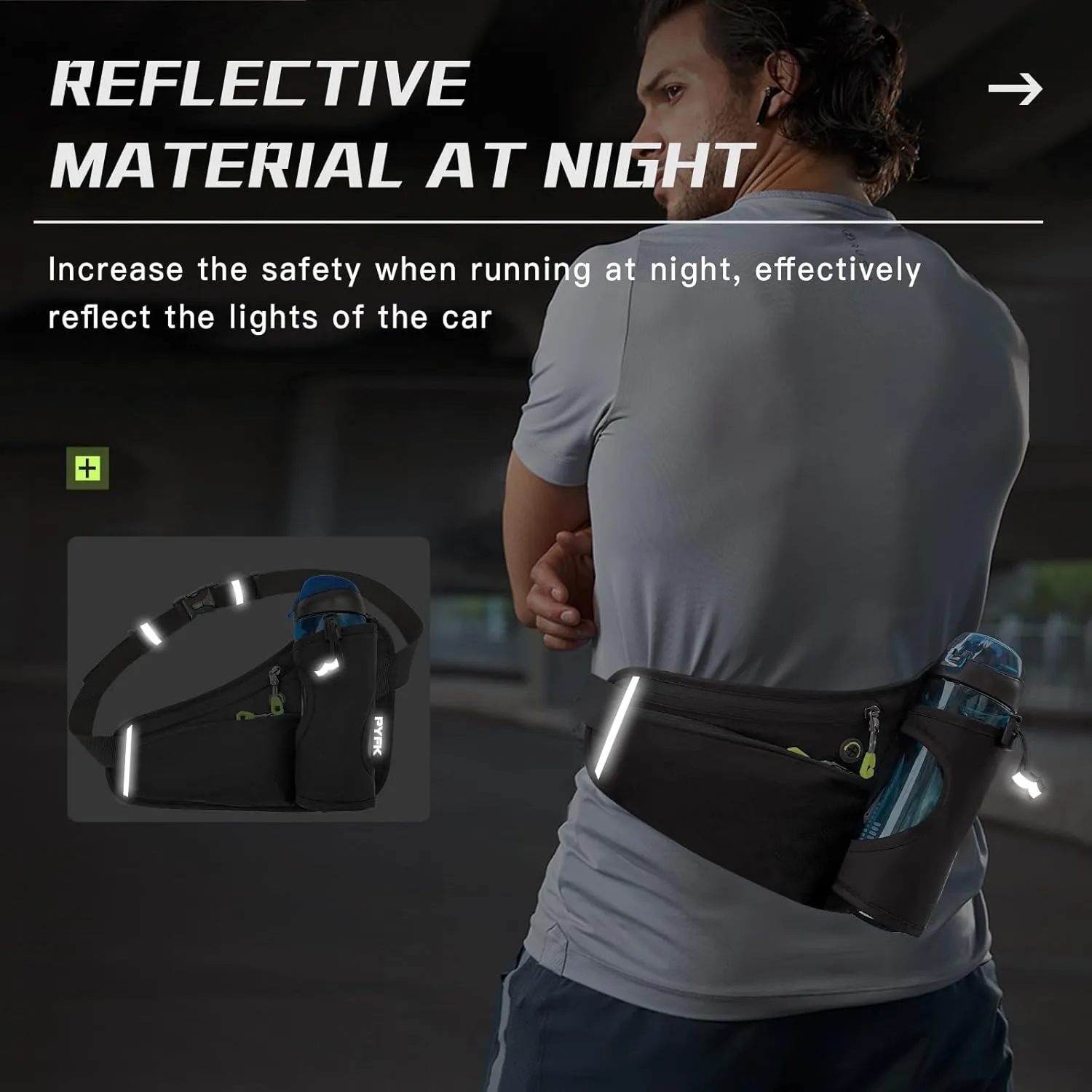 PYFK Running Belt Hydration Waist Pack with Water Bottle Holder for Men Women Waist Pouch Fanny Bag Reflective