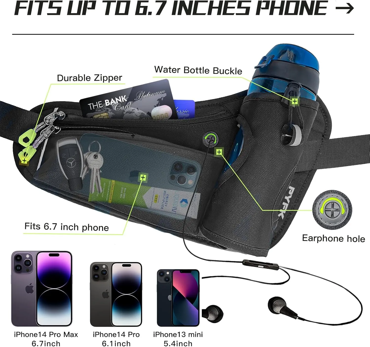 PYFK Running Belt Hydration Waist Pack with Water Bottle Holder for Men Women Waist Pouch Fanny Bag Reflective