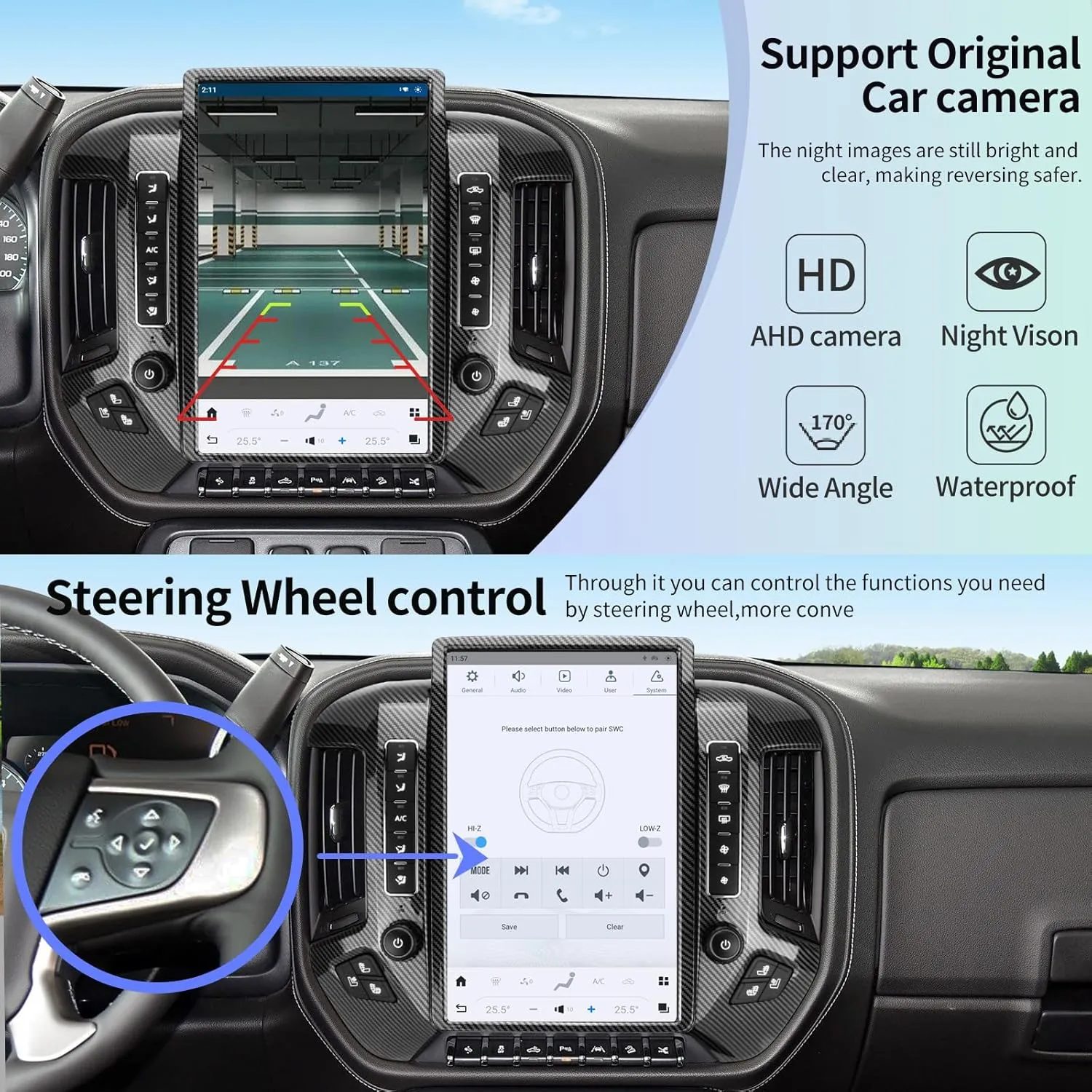 Qualcomm Car Radio for Chevrolet Silverado GMC Sierra 2014-2019 Stereo Replacement Head Unit 14.4 Inch 2K IPS Touch Screen Tesla Style Carplay Android Auto GPS OEM 8 Inch (Carbon Fibre)