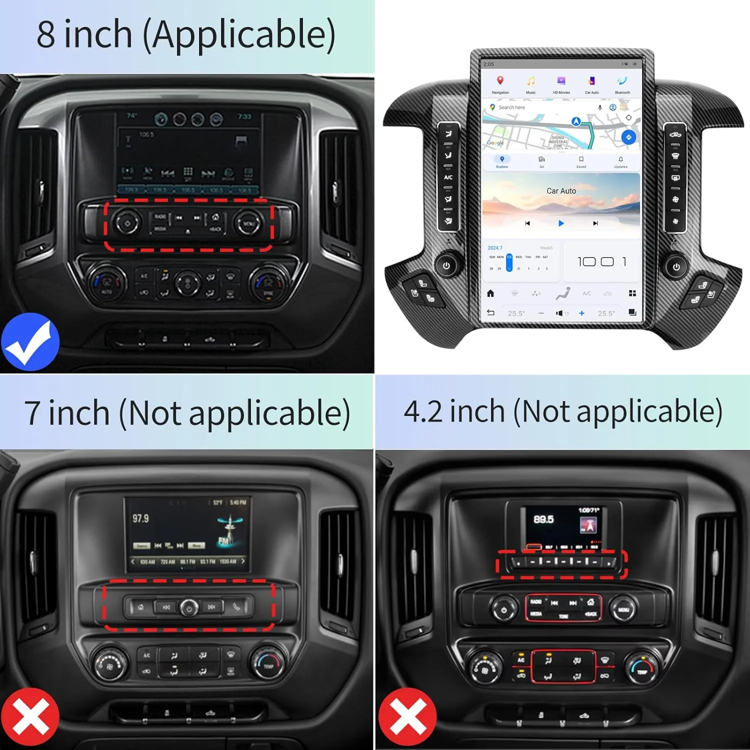 Qualcomm Car Radio for Chevrolet Silverado GMC Sierra 2014-2019 Stereo Replacement Head Unit 14.4 Inch 2K IPS Touch Screen Tesla Style Carplay Android Auto GPS OEM 8 Inch (Carbon Fibre)