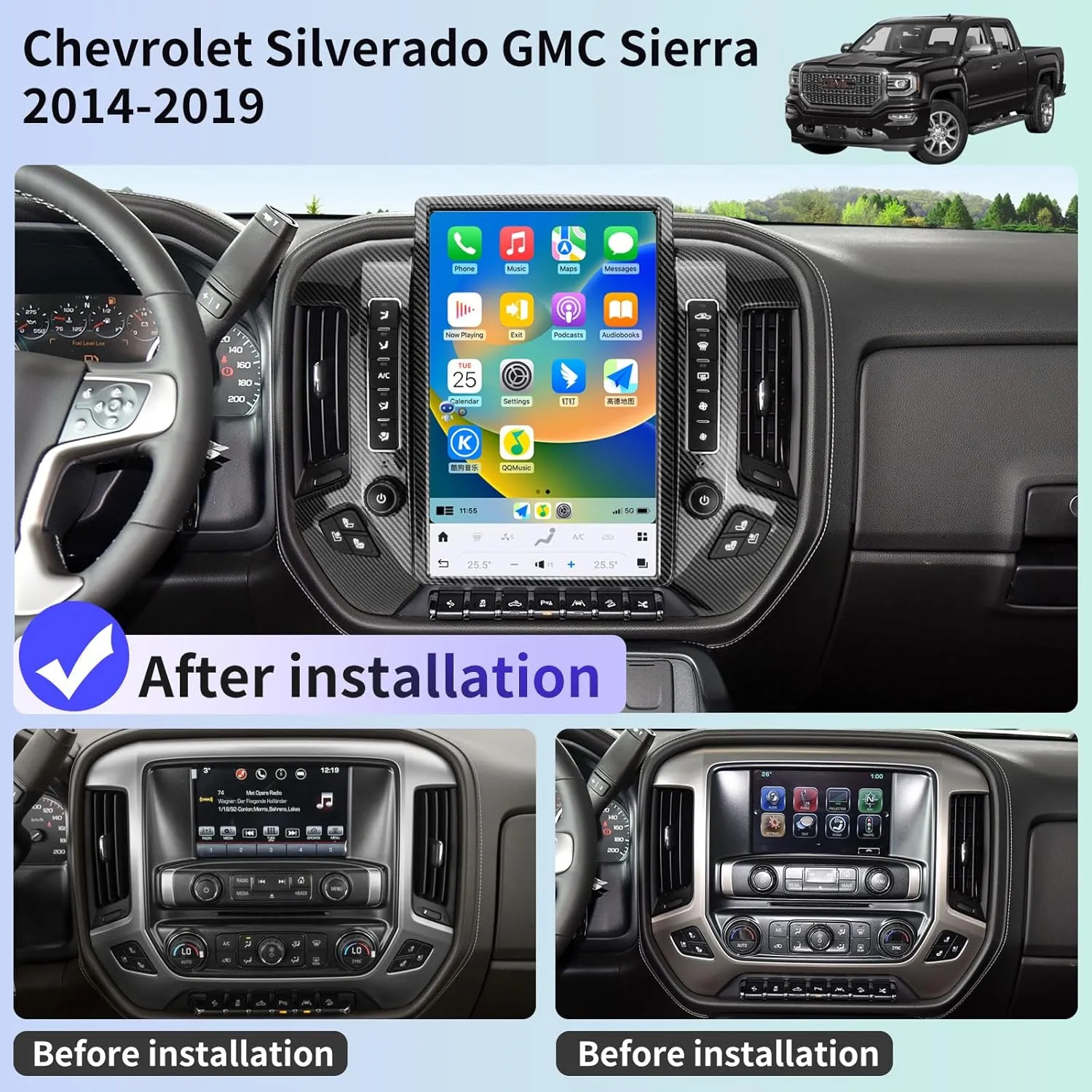 Qualcomm Car Radio for Chevrolet Silverado GMC Sierra 2014-2019 Stereo Replacement Head Unit 14.4 Inch 2K IPS Touch Screen Tesla Style Carplay Android Auto GPS OEM 8 Inch (Carbon Fibre)