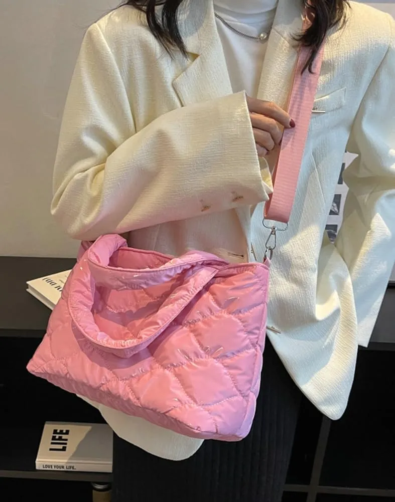 Quilted Puffer Tote Bag for Women Large Shoulder Crossbody Bag Padding Down Cotton Soft Work Handbag Top Handle Purse