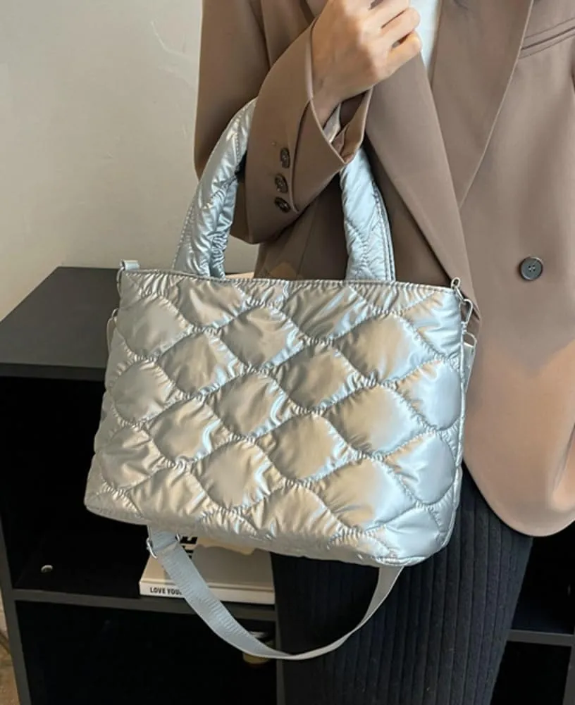 Quilted Puffer Tote Bag for Women Large Shoulder Crossbody Bag Padding Down Cotton Soft Work Handbag Top Handle Purse