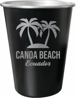 R and R Imports Canoa Beach Ecuador Souvenir Engraved 8 oz Black Matte Tin Cup Palm Design 4-Pack with Gift Bag