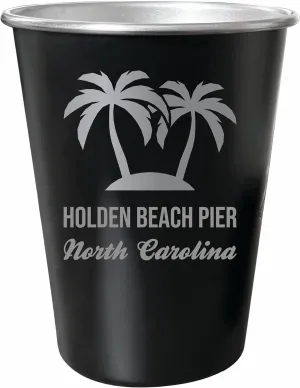 R and R Imports Holden Beach Pier North Carolina Souvenir Engraved 8 oz Black Matte Tin Cup Palm Design 4-Pack with Gift Bag