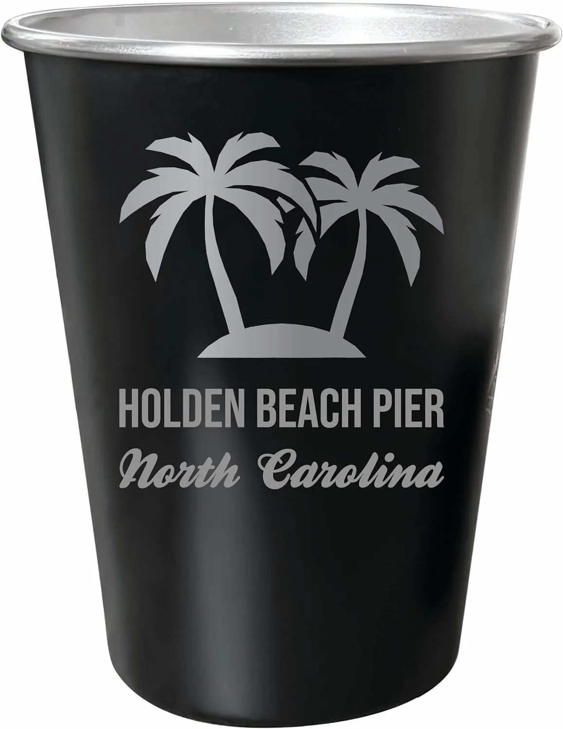 R and R Imports Holden Beach Pier North Carolina Souvenir Engraved 8 oz Black Matte Tin Cup Palm Design 4-Pack with Gift Bag