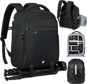 RAINSMORE Camera Backpack Camera Bag for Photographer DSLR SLR Mirrorless Camera Cases with Waterproof Rain Cover & Laptop Compartment Fit 15.6 Inch Laptop,Anti Theft Travel photography backpack,Black